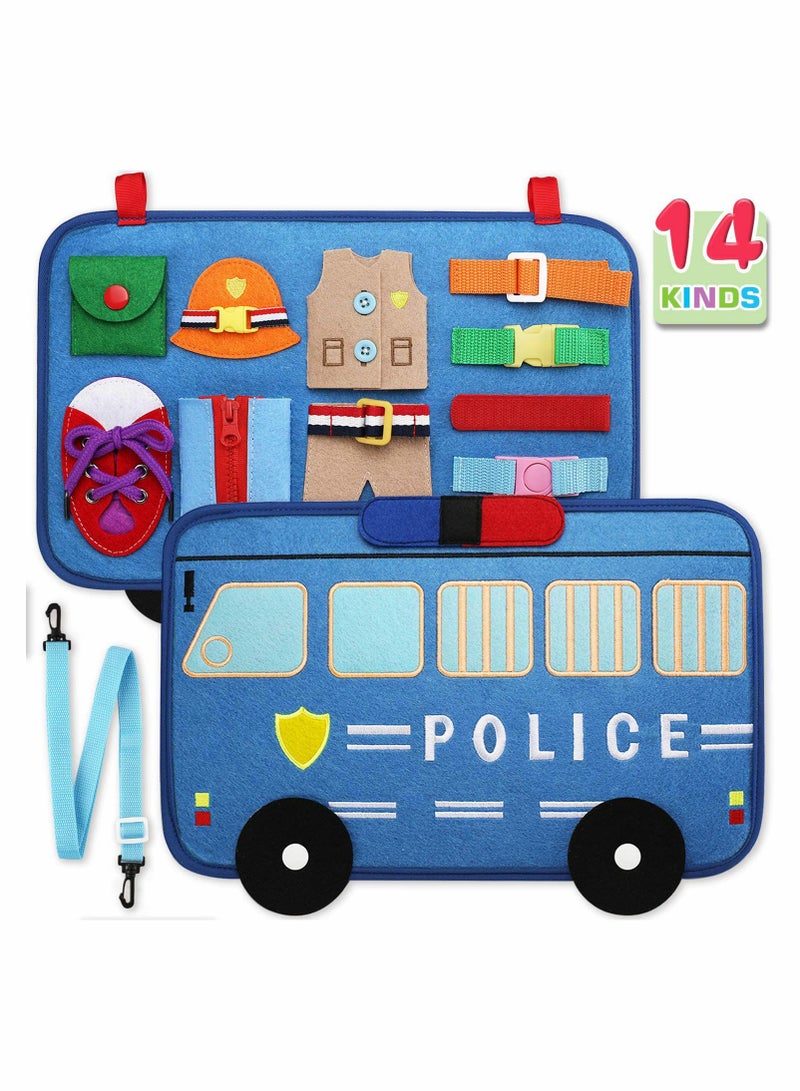 Excefore Toddler Busy Board 14 in 1 Activity Board Montessori Toy for Fine Motor Basic Skills, Preschool Sensory Toy for Boys Girl, Learning Gift for Airplane Car Travel(Police Car Style) - Image 1