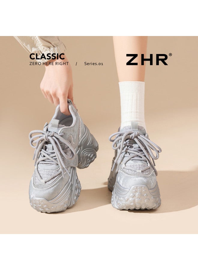 Zhr Zez Thick Sole 9.5cm Platform Dad Sneakers Women New Height Increasing Casual Sports Shoes Ks282 Silver Size 39 - Image 1
