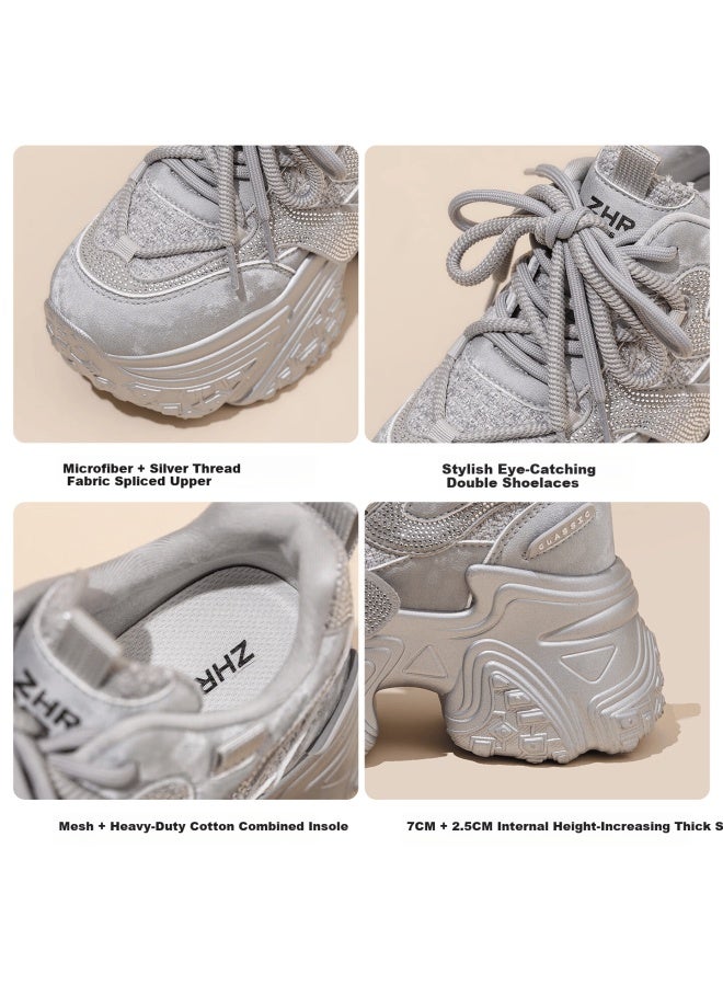 Zhr Zez Thick Sole 9.5cm Platform Dad Sneakers Women New Height Increasing Casual Sports Shoes Ks282 Silver Size 39 - Image 2