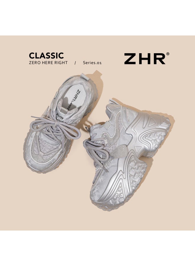 Zhr Zez Thick Sole 9.5cm Platform Dad Sneakers Women New Height Increasing Casual Sports Shoes Ks282 Silver Size 39 - Image 4
