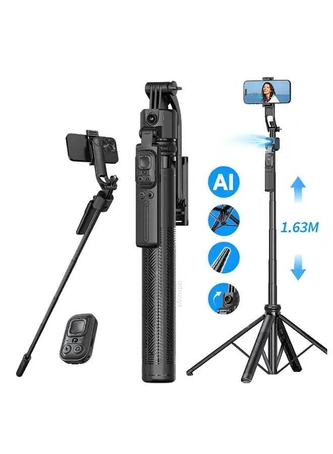 AI Tracking Gimbal Quadrapod with Auto-Follow, Gesture Control & Anti-Shake Handle – Detachable Extendable Design (Up to 1635mm), Heavy-Duty Aluminium Stand with Selfie Stick & Multi-Function Bluetooth Remote for Phone/Camera - Image 1