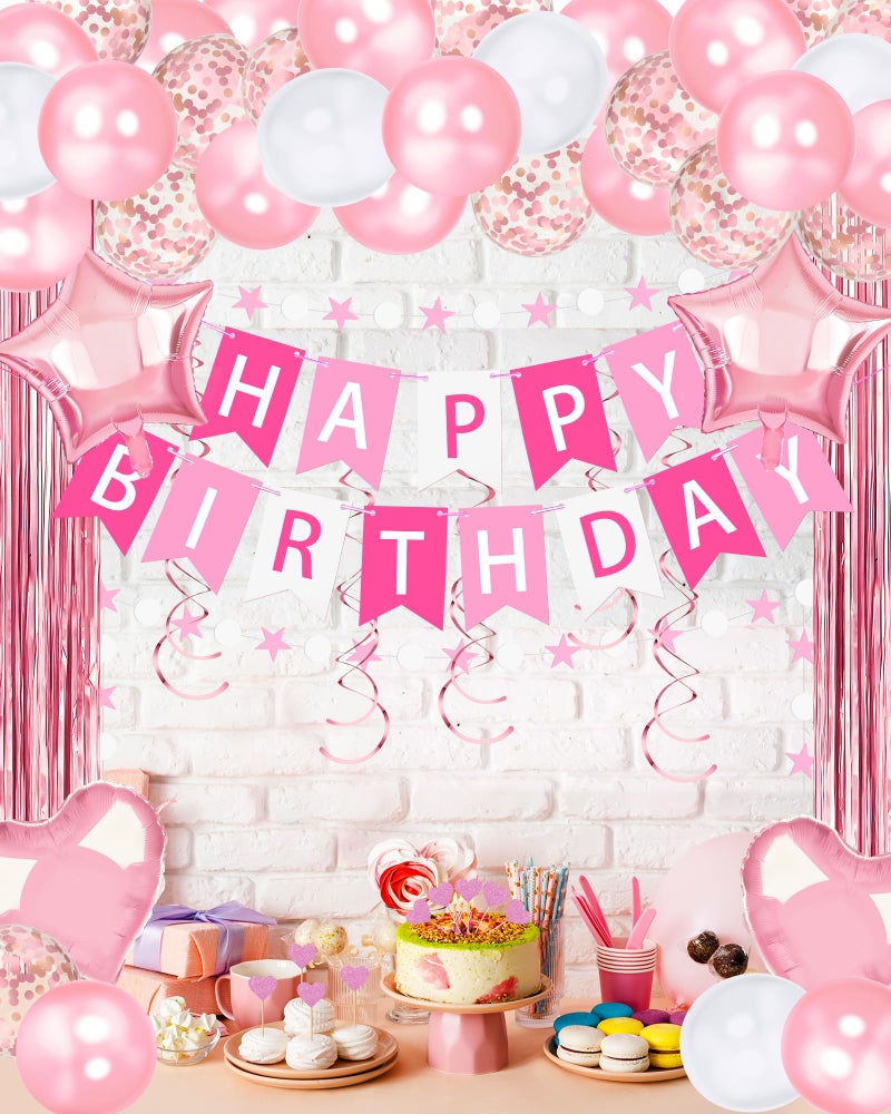 Lutoys Pink Happy Birthday Party Decorations, Happy Birthday Banner, Pink Foil Heart Star Confetti Balloons Curtain Backdrop Hanging Swirls Butterfly Party Decor for Girls Women Princess - Image 5