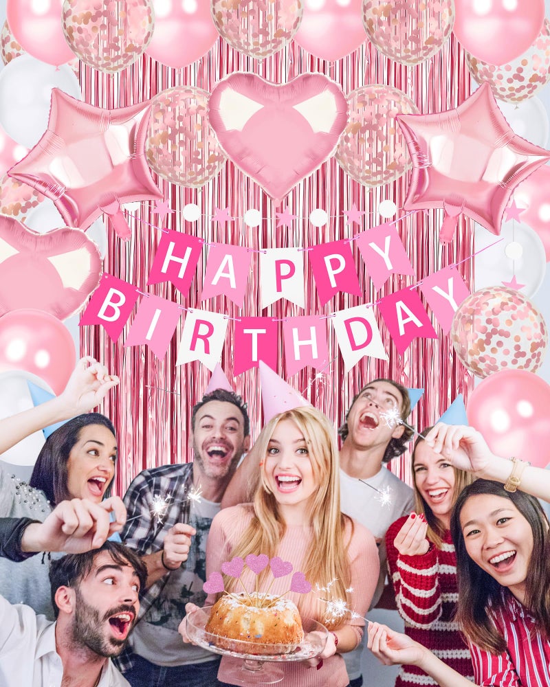 Lutoys Pink Happy Birthday Party Decorations, Happy Birthday Banner, Pink Foil Heart Star Confetti Balloons Curtain Backdrop Hanging Swirls Butterfly Party Decor for Girls Women Princess - Image 2