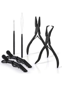 Hair Extension Beading Tool Kit Stainless Steel Hair Extensions Micro Link Bead Closer And Remover Pliers Set Beads Hair Pulling Hook & Micro Ring Loop Tool Set (Black)