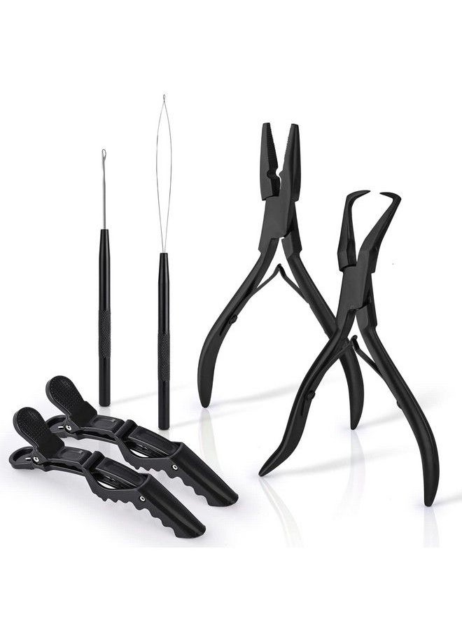Ehdis - Hair Extension Beading Tool Kit Stainless Steel Hair Extensions Micro Link Bead Closer And Remover Pliers Set Beads Hair Pulling Hook & Micro Ring Loop Tool Set (Black) - Image 1