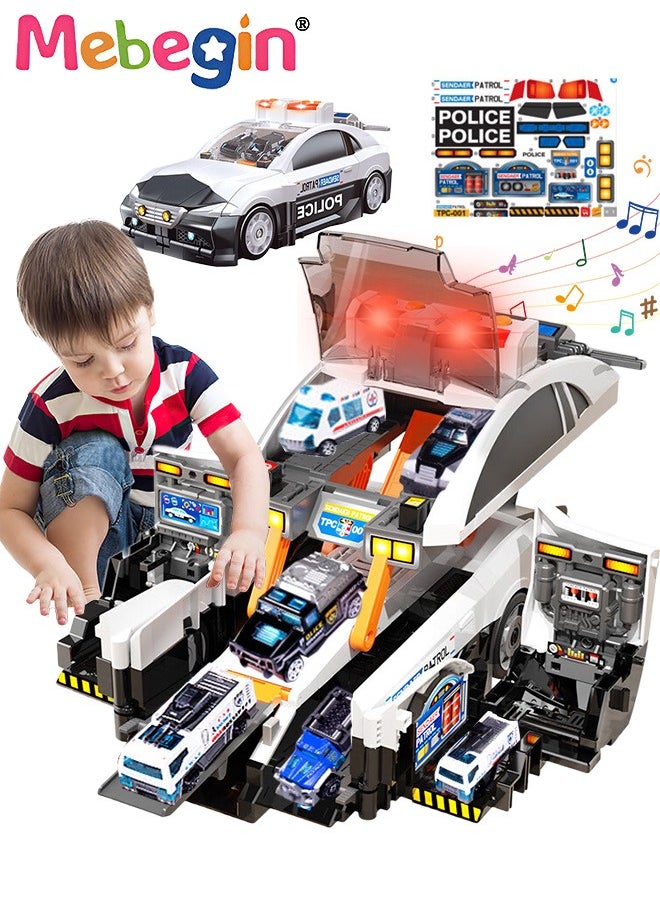 MEBEGIN Transform Police Car Toys Set with 6 Alloy Cars, Simulated Vehicle Playset with Light and Sounds, Large City Action Track Set, City Rescue Vehicle Toy with Educational Value, Ideal Gift for Kids Aged 3+, 2 AAA Batteries Required(Not Included)  - Image 1