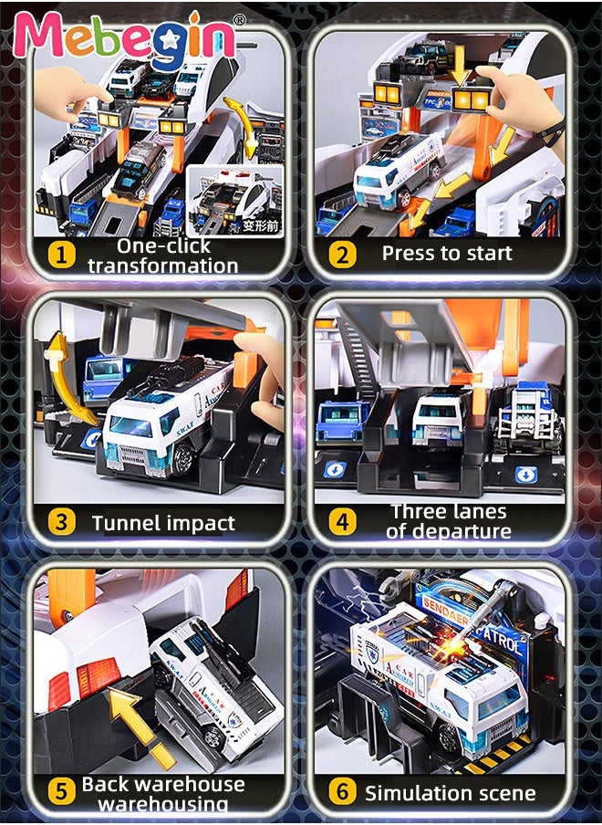 MEBEGIN Transform Police Car Toys Set with 6 Alloy Cars, Simulated Vehicle Playset with Light and Sounds, Large City Action Track Set, City Rescue Vehicle Toy with Educational Value, Ideal Gift for Kids Aged 3+, 2 AAA Batteries Required(Not Included)  - Image 3