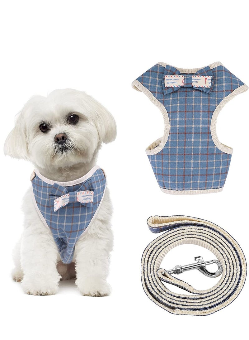 KASTWAVE Small Dog Harness and Leash Set, Plaid Style Puppy Vest Harness with Bow Tie, Adjustable Basic Harness Detachable Dog Walking Harness for Small Dogs (M Size, Blue Plaid Style) - Image 1
