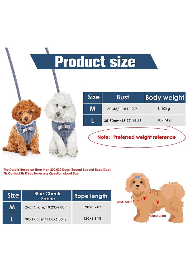 KASTWAVE Small Dog Harness and Leash Set, Plaid Style Puppy Vest Harness with Bow Tie, Adjustable Basic Harness Detachable Dog Walking Harness for Small Dogs (M Size, Blue Plaid Style) - Image 2
