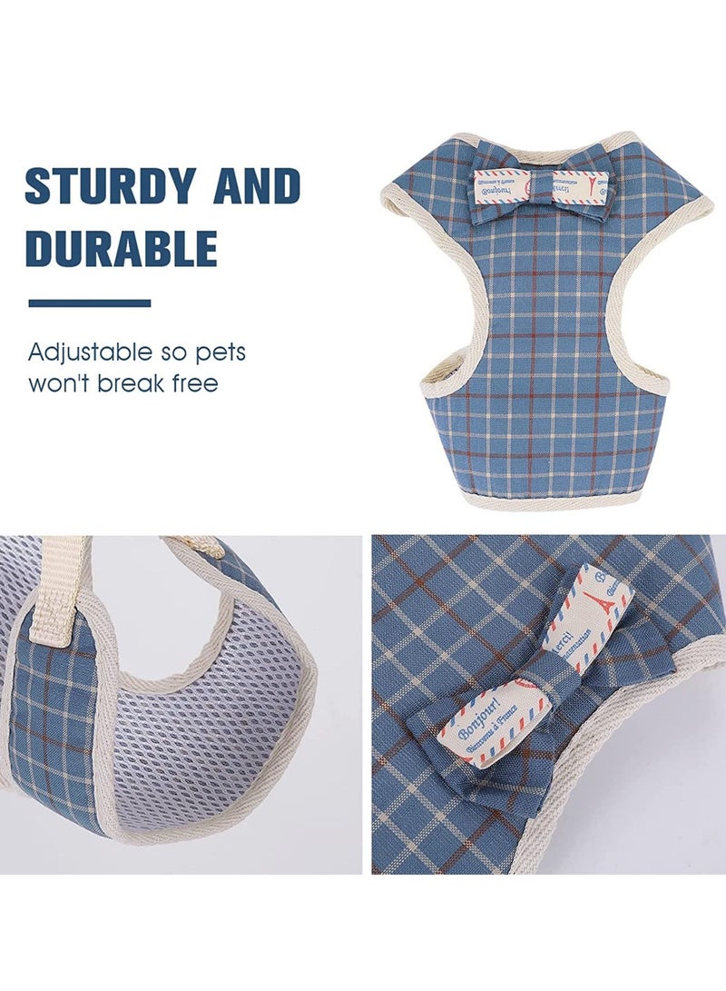 KASTWAVE Small Dog Harness and Leash Set, Plaid Style Puppy Vest Harness with Bow Tie, Adjustable Basic Harness Detachable Dog Walking Harness for Small Dogs (M Size, Blue Plaid Style) - Image 4