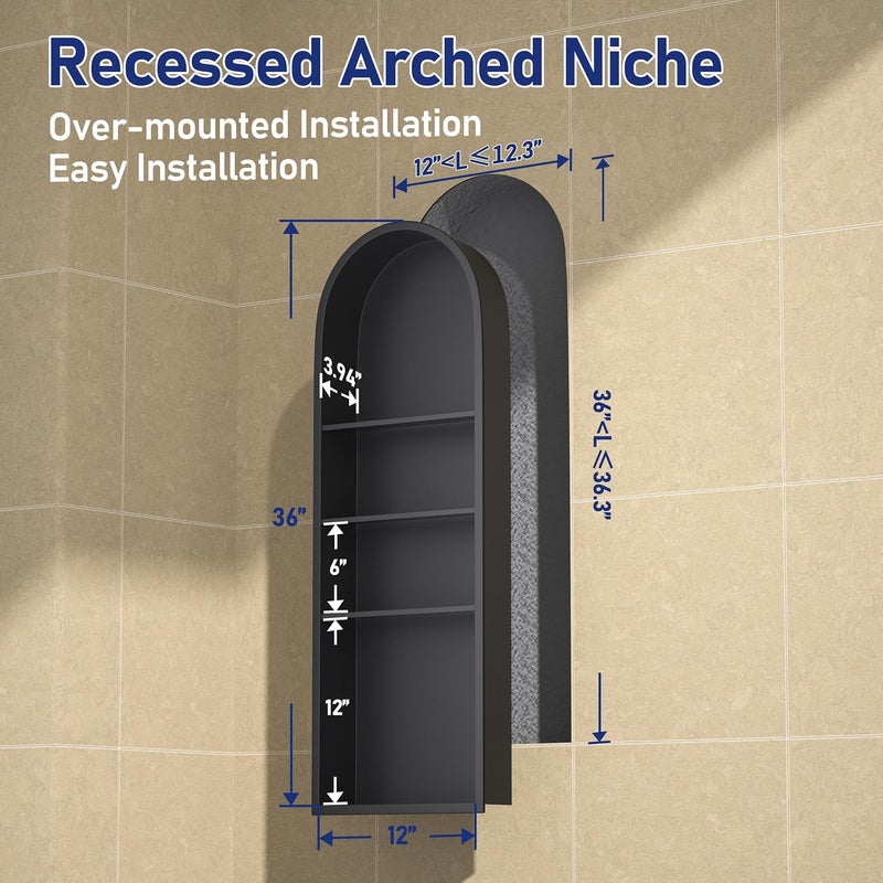 Bernkot Stainless Steel Arched Shower Niche 36" X 12" Matte Black No Tile Needed Vertical Niche Shower with 4-Tier Shelves Recessed Wall Arched Niches for Bathroom Storage - Image 2