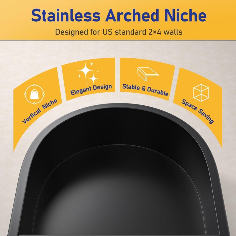 Bernkot Stainless Steel Arched Shower Niche 36" X 12" Matte Black No Tile Needed Vertical Niche Shower with 4-Tier Shelves Recessed Wall Arched Niches for Bathroom Storage - Image 4