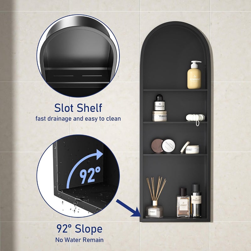 Bernkot Stainless Steel Arched Shower Niche 36" X 12" Matte Black No Tile Needed Vertical Niche Shower with 4-Tier Shelves Recessed Wall Arched Niches for Bathroom Storage - Image 3