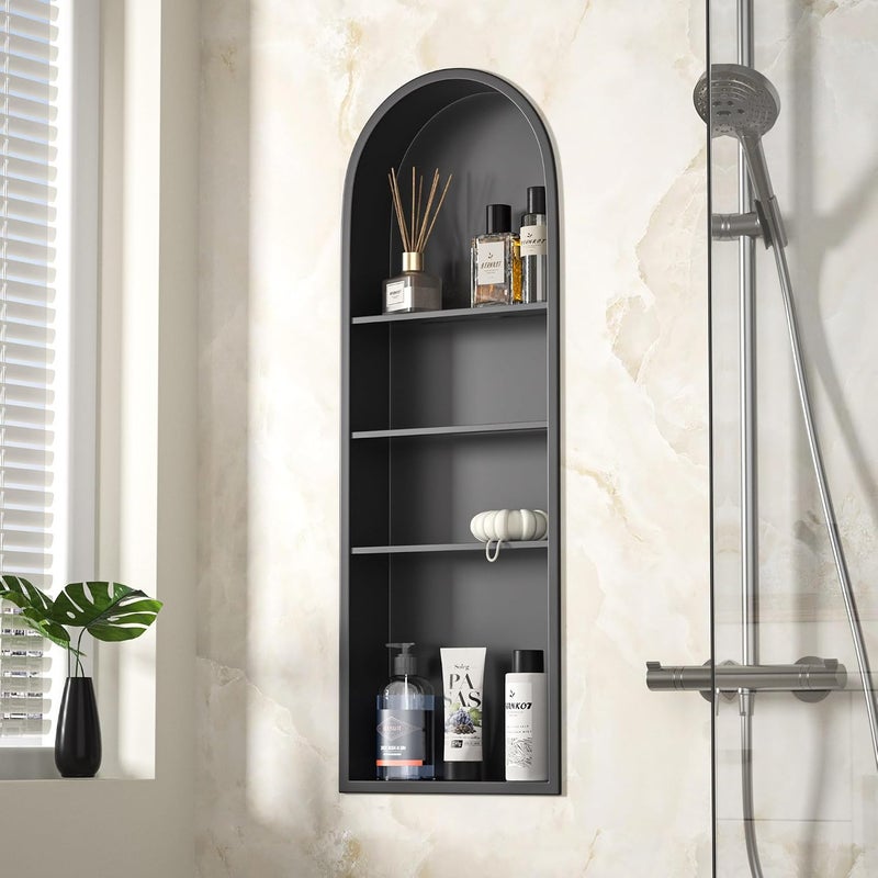Bernkot Stainless Steel Arched Shower Niche 36" X 12" Matte Black No Tile Needed Vertical Niche Shower with 4-Tier Shelves Recessed Wall Arched Niches for Bathroom Storage - Image 1