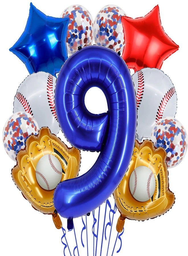 HEPAPATE Baseball Birthday Party Balloons, 32 Inch Navy Blue Foil Number 9 Balloon, Baseball Glove Foil Balloon, Red Blue Star Confetti Balloon for 9th Birthday Sports Theme Party Supplies - Image 1
