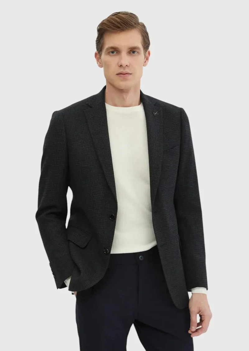 رامسي جاكيت من الصوف الخالص 100% بنقشة كاكي وقصة عادية