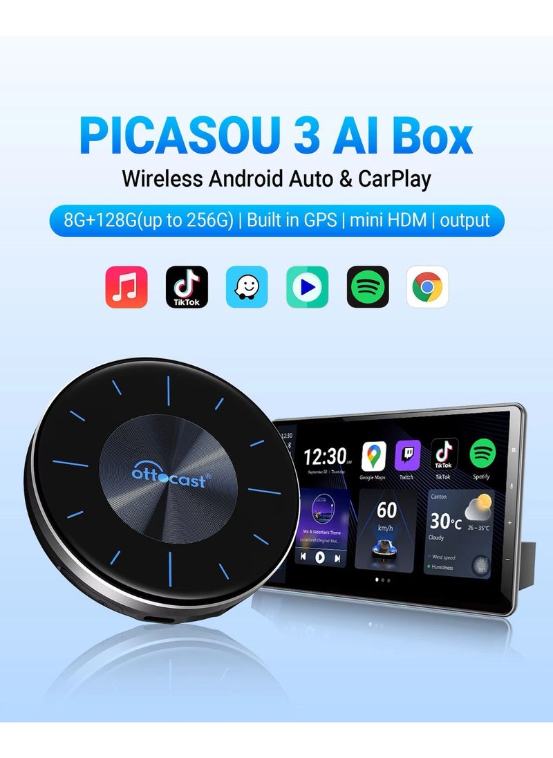 Ottocast - OTTOCAST P3 CarPlay AI Box  Android 12.0 CarPlay Video Adapter Wireless CarPlay Android Auto Dongle Support HDMI Output, - Image 1