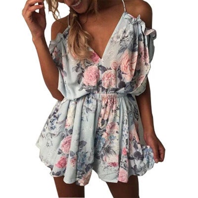 AliExpress Ruffled Open-Shoulder Lace-Up Large V-Neck Low-cut Backless Floral Printed Staggered Waist jumpsuit Picture color 