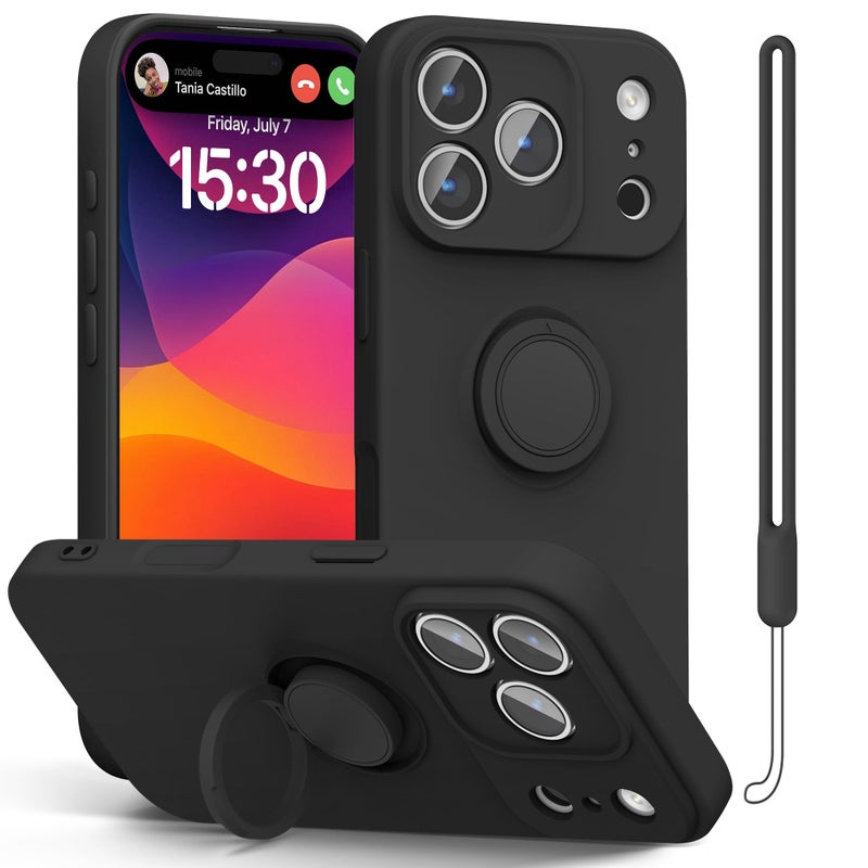 pcgaga Compatible with iPhone 17 Pro Max Case 6.9 inch, Silicone Slim Design with [Ring Holder Stand] [Wrist Strap] [Microfiber Lining] Shockproof Protective Case Cover, Black - Image 1