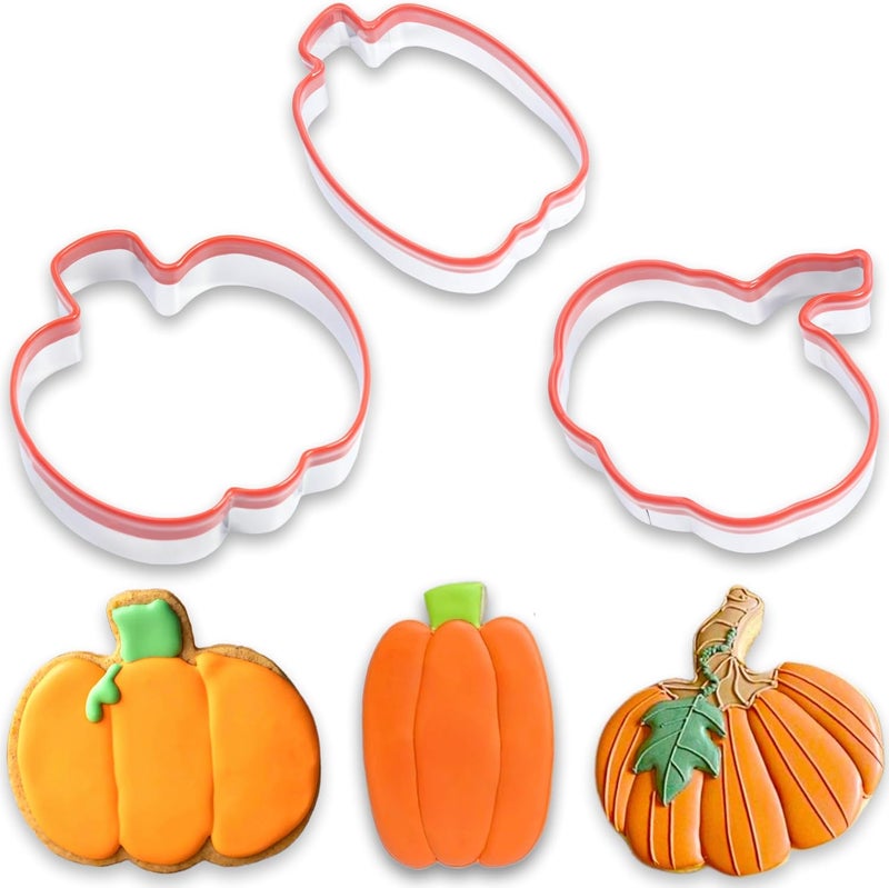 COOKIEQUE 3Pcs Pumpkin Cookie Cutters Set, Includes Classic, Tall & Velvet Pumpkin Shapest, Halloween & Thanksgiving Biscuit Cutters, Coated with Soft Rubber for Protection - Image 1