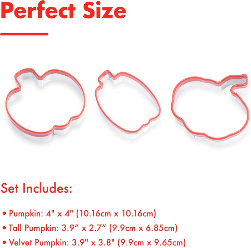 COOKIEQUE 3Pcs Pumpkin Cookie Cutters Set, Includes Classic, Tall & Velvet Pumpkin Shapest, Halloween & Thanksgiving Biscuit Cutters, Coated with Soft Rubber for Protection - Image 5