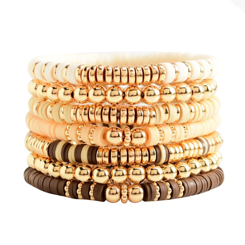 GOOJIDS Surfer Heishi Clay Bead Bracelets for Women Bohemian Stackable Gold Plated Beaded Stretch Bracelets Elastic Layering Friendship Bracelets Set Boho Jewelry - Image 1