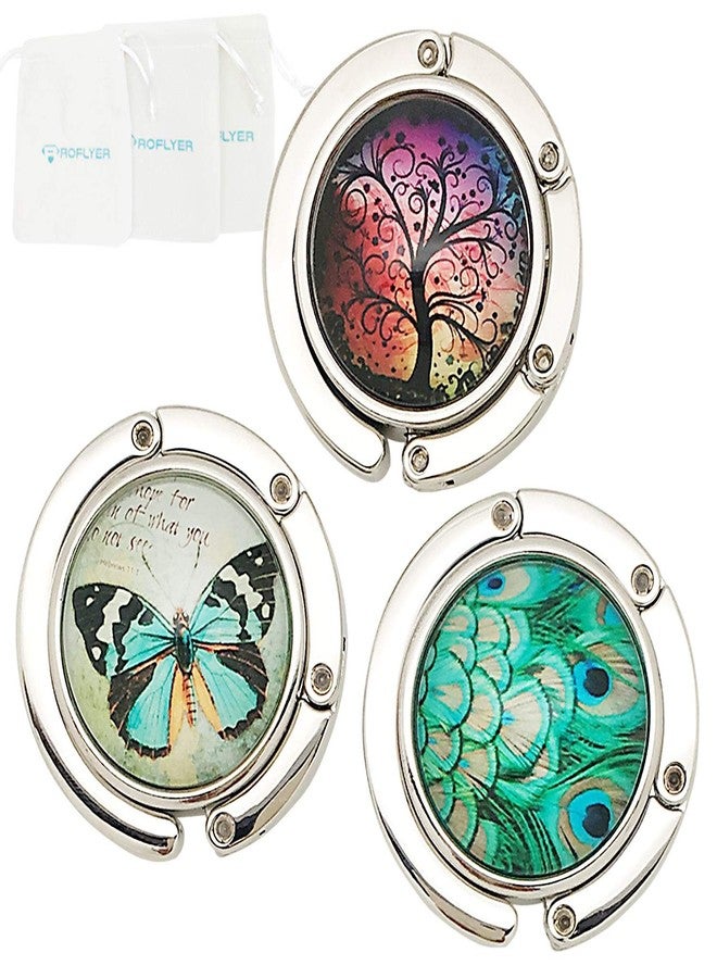 ROFLYER Purse Hook Set of 3 - Butterfly,Wish Tree,Peacock Foldable Handbag Hanger Safer Cleaner Bag, Fold Up for Easy Storage,Folding Table Hanger, with Velvet Pouch - Image 1