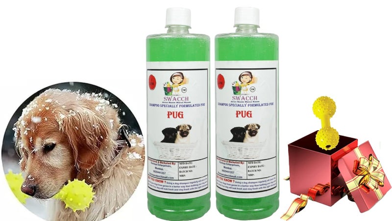 swacch Pug Dog Shampoo + Dumbbell Toy I Durable Rubber Dog Toy for Chewing I Playing,Teeth Cleaning & Training Toy I Combo Pack I 1 Litre Pack of 2 Neem Alovera - Image 1