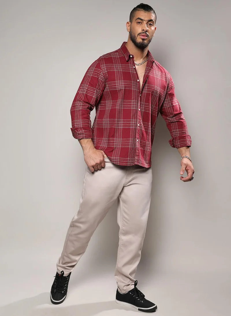 Instafab Plus Instafab Plus Men's Maroon Red Chalk Tartan Plaid Shirt For Casual Wear | Spread Collar | Long Sleeve | Button Closure | Cotton Blend Shirt Crafted With Comfort Fit For Everyday Wear