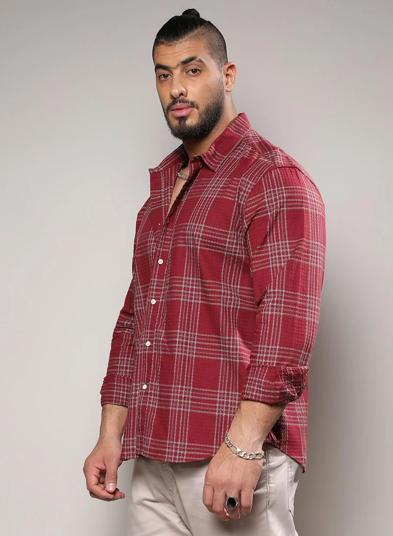 Instafab Plus Instafab Plus Men's Maroon Red Chalk Tartan Plaid Shirt For Casual Wear | Spread Collar | Long Sleeve | Button Closure | Cotton Blend Shirt Crafted With Comfort Fit For Everyday Wear