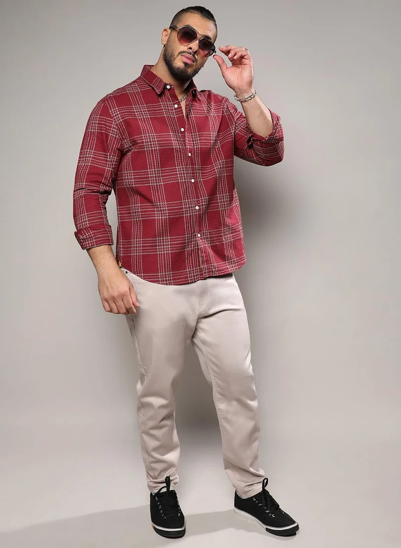 Instafab Plus Instafab Plus Men's Maroon Red Chalk Tartan Plaid Shirt For Casual Wear | Spread Collar | Long Sleeve | Button Closure | Cotton Blend Shirt Crafted With Comfort Fit For Everyday Wear