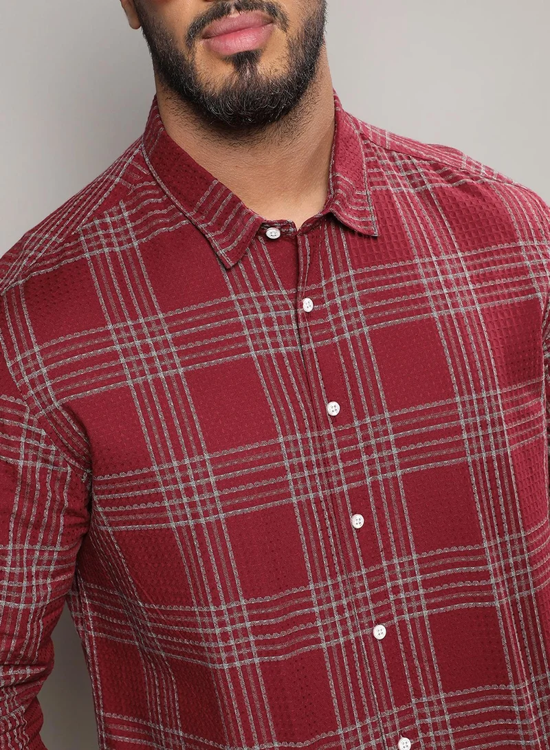 Instafab Plus Instafab Plus Men's Maroon Red Chalk Tartan Plaid Shirt For Casual Wear | Spread Collar | Long Sleeve | Button Closure | Cotton Blend Shirt Crafted With Comfort Fit For Everyday Wear