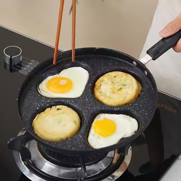SHOPECOM 4 Hole 3in1 Breakfast Maker NonStick Egg Frying Pan for Home Kitchen Small Egg Poacher pan Half Fry Egg pan for Omelets uttapam Pancake 4 Hole Pancake Pan Fried Egg Burger Pan