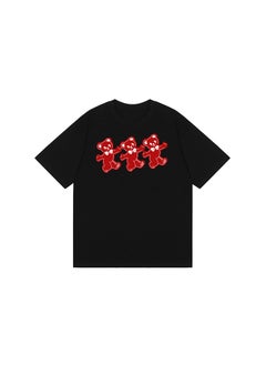 Summer 2023 Womens round Neck Short Sleeve T-shirt Pure Cotton Printed Casual Base Shirt Comfortable Loose Fit Anime Cartoon Design Black# Three Little Bears
