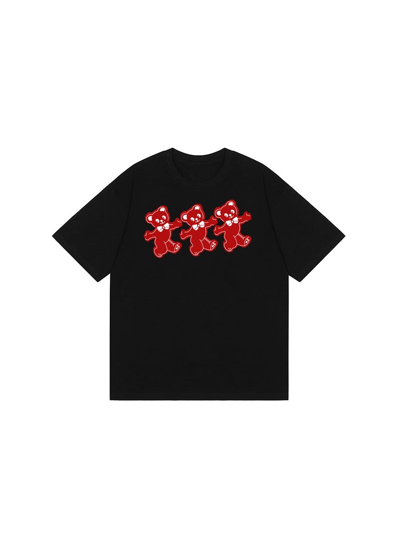 Generic - Summer 2023 Womens round Neck Short Sleeve T-shirt Pure Cotton Printed Casual Base Shirt Comfortable Loose Fit Anime Cartoon Design Black# Three Little Bears - Image 1