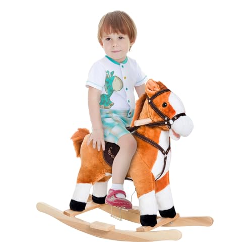 Qaba Kids Plush Toy Rocking Horse Ride on with Realistic Sounds Brown - Image 1