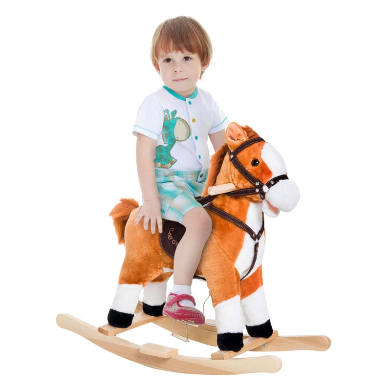 Qaba Kids Plush Toy Rocking Horse Ride on with Realistic Sounds Brown - Image 2