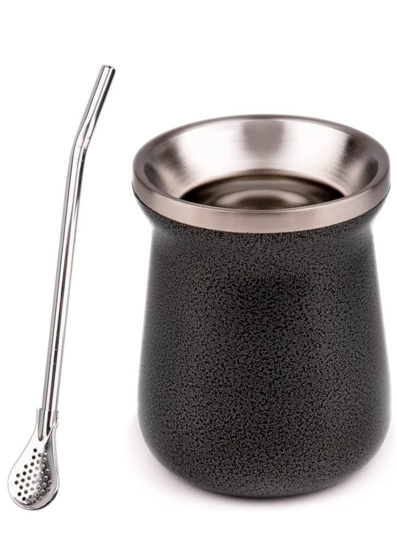 NIBEMINENT Yerba Mate Cup 8oz Black Set Stainless Steel Gourd Double Walled Tea With Bombilla Straw - Image 1
