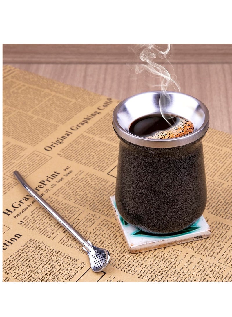NIBEMINENT Yerba Mate Cup 8oz Black Set Stainless Steel Gourd Double Walled Tea With Bombilla Straw - Image 2