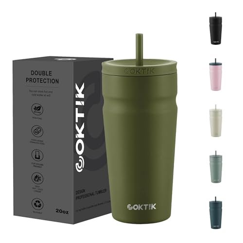 COKTIK 20oz Insulated Tumbler with Lid and Straw Iced Coffee Cup Reusable Stainless Steel Travel Mug Water Bottle Cupholder Friendly for Women Men Her Him Olive - Image 1