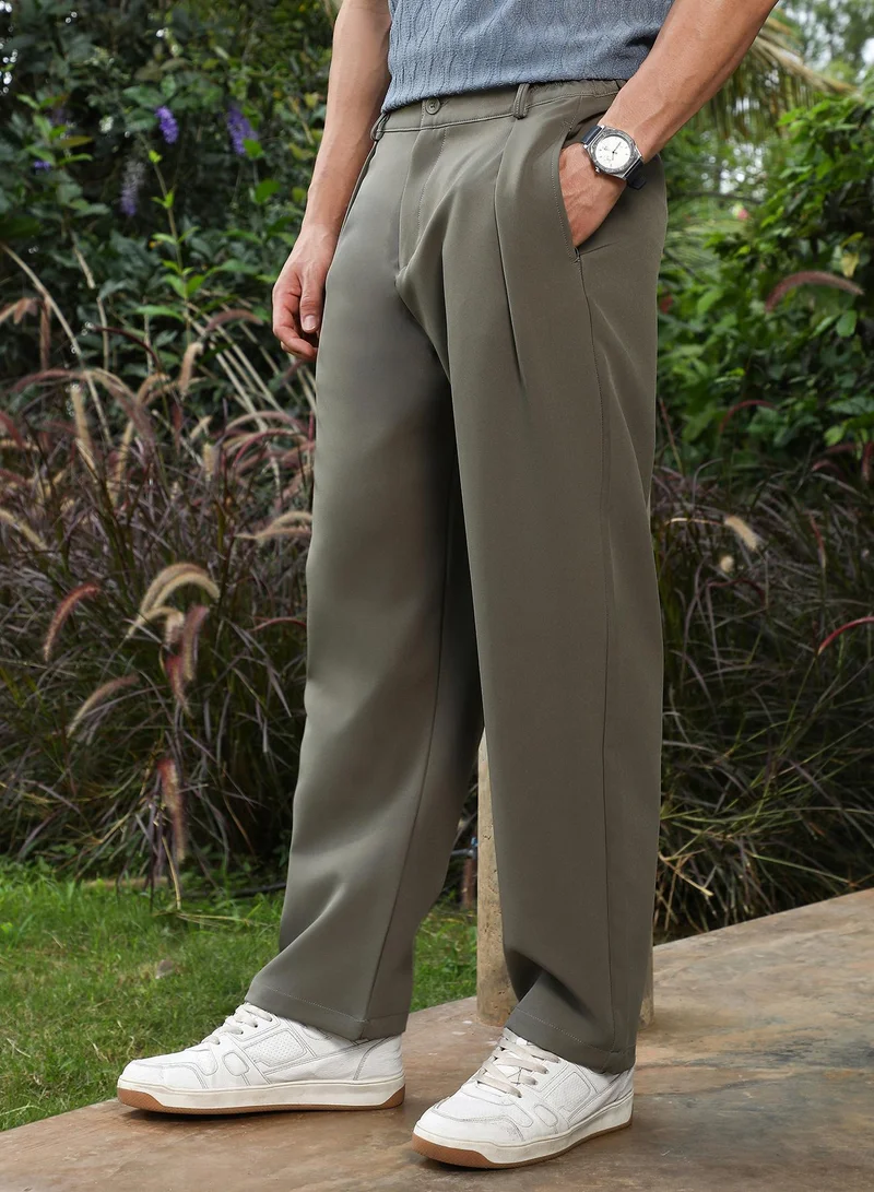 Campus Sutra Lightweight - Olive Green Pleated Straight-Fit Trousers