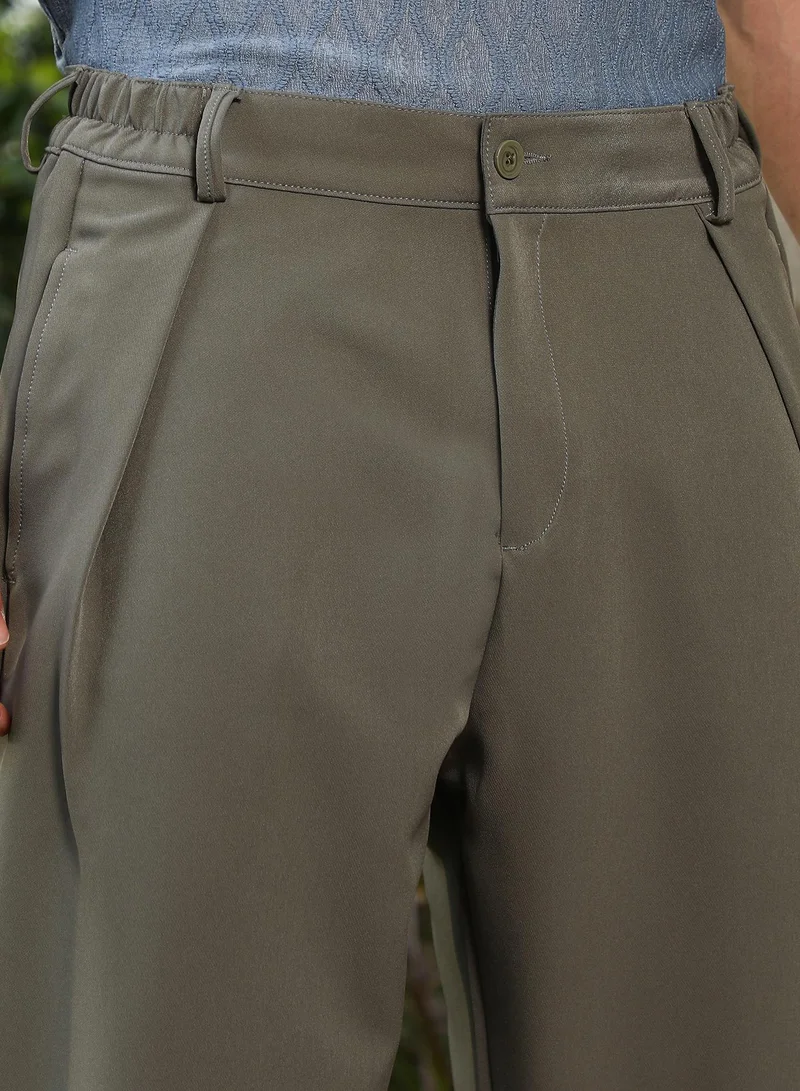 Campus Sutra Lightweight - Olive Green Pleated Straight-Fit Trousers