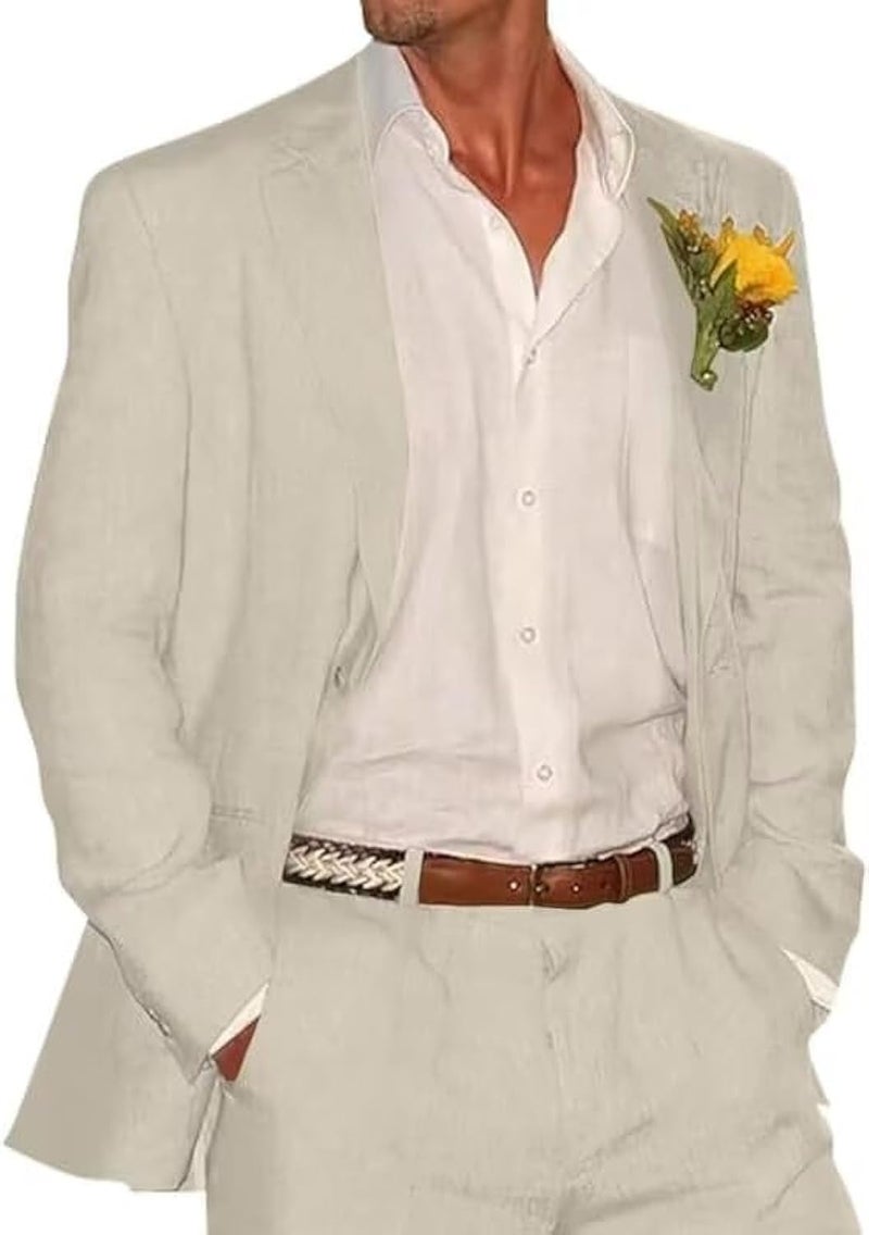 بدلة بوفان للرجال من قطعتين من الكتان، بدلة زفاف شاطئية غير رسمية، تناسب نحيف، بيج، بدلة توكسيدو للرجال، سترة وسروال XXL