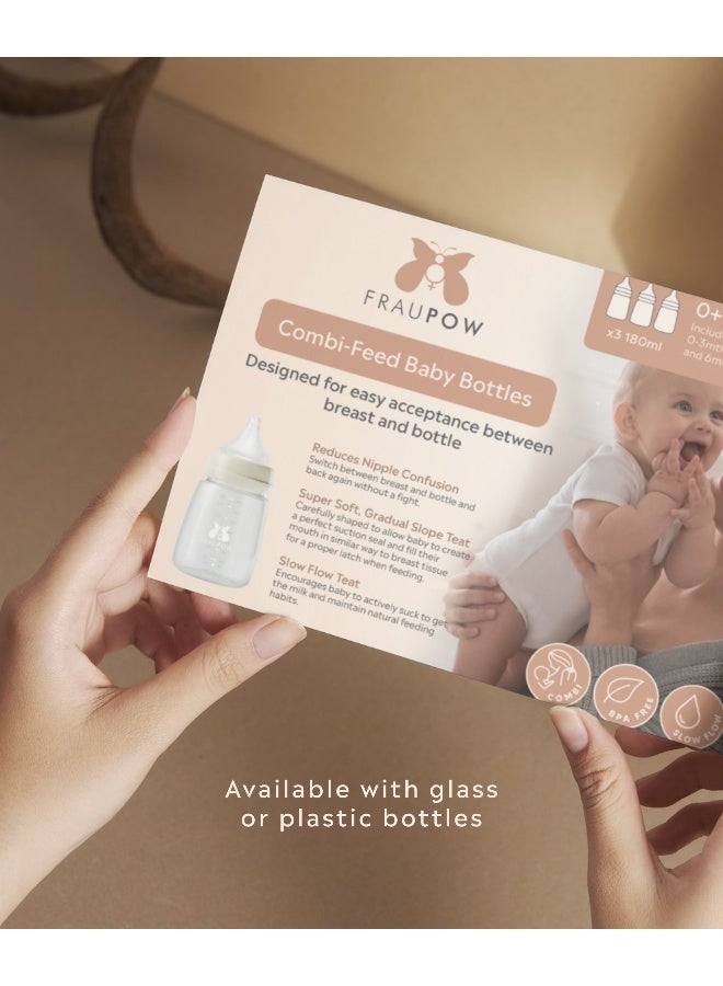 Fraupow Combi-Feed Glass Baby Bottles | Pack of 3 | 180ml Anti-Colic Baby Bottle with Slow Flow Teat | Reduces Nipple Confusion | Award Winning Baby Feeding Essentials | Includes Midwife Consultation - Image 4