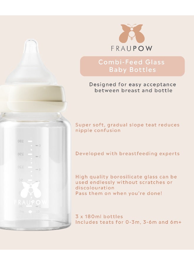 Fraupow Combi-Feed Glass Baby Bottles | Pack of 3 | 180ml Anti-Colic Baby Bottle with Slow Flow Teat | Reduces Nipple Confusion | Award Winning Baby Feeding Essentials | Includes Midwife Consultation - Image 2
