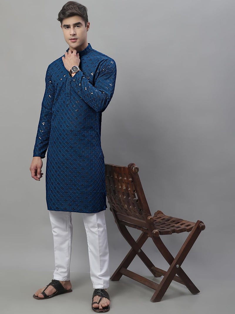 Jompers Men's Chikankari Embroidered and Sequence Kurtas Only (Peacock, M) - Image 4