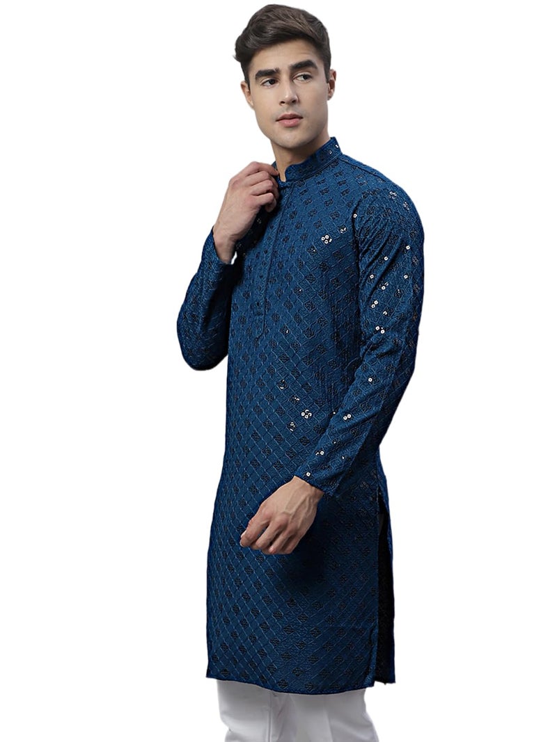 Jompers Men's Chikankari Embroidered and Sequence Kurtas Only (Peacock, M) - Image 1