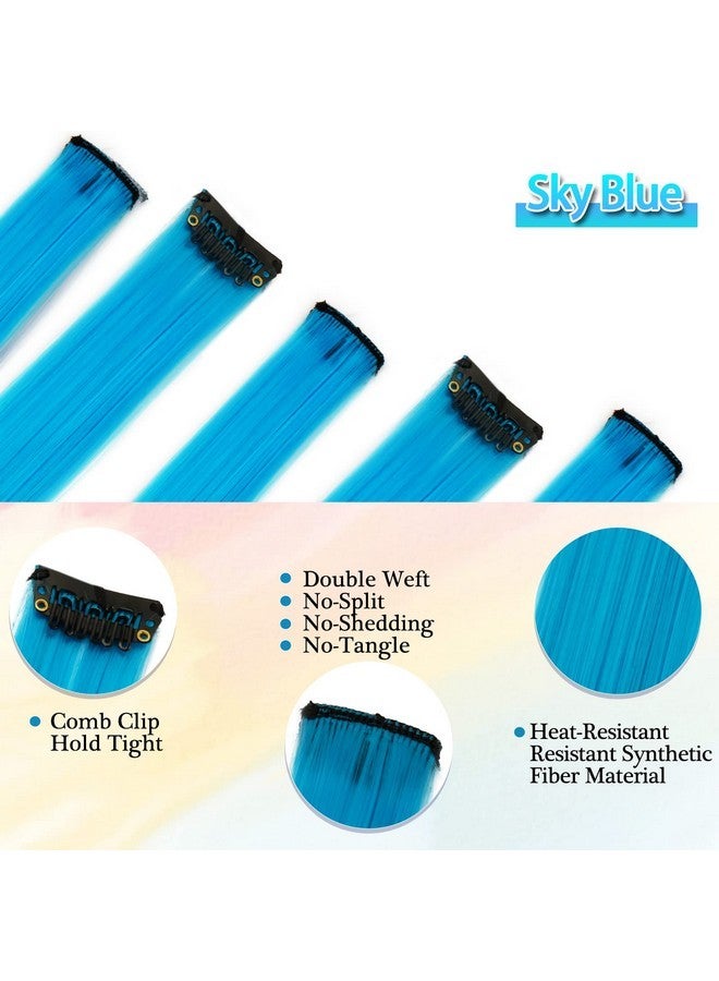 BARSDAR Light Blue Hair Extensions Clip in - Colored Blue Hair Extensions for Women, 22'' 12 PCs Colorful Hair Extensions Straight Synthetic Blue Hairpieces Christmas Halloween Hair - Sky Blue - Image 3