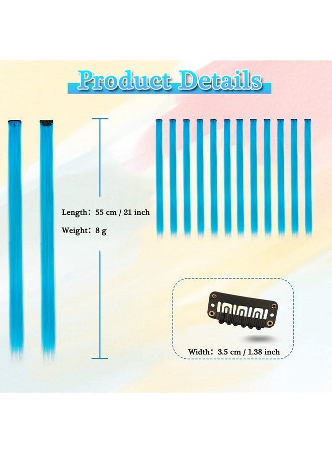 BARSDAR Light Blue Hair Extensions Clip in - Colored Blue Hair Extensions for Women, 22'' 12 PCs Colorful Hair Extensions Straight Synthetic Blue Hairpieces Christmas Halloween Hair - Sky Blue - Image 2