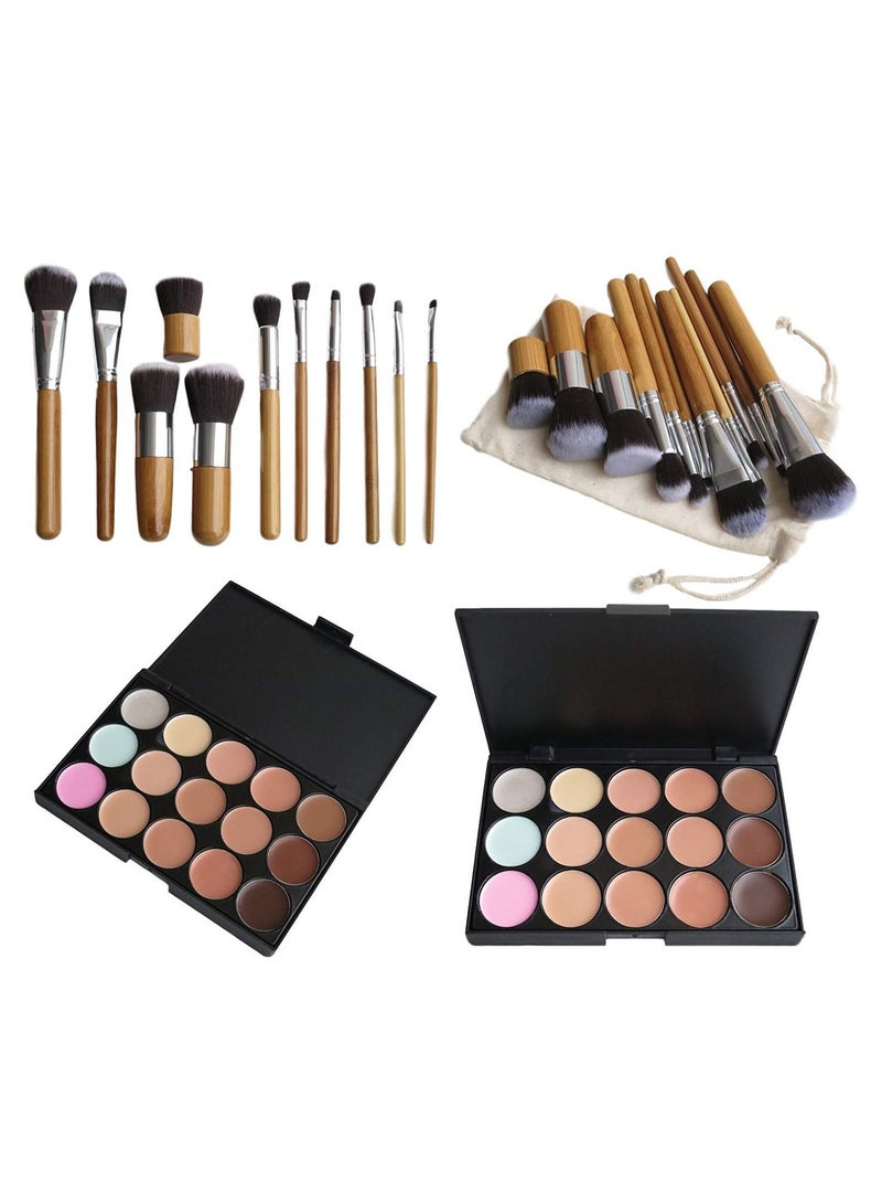 ORiTi 15 Colors Cosmetics Cream Contour Foundation Concealer Palette Kit with 11pcs Bamboo Brush - Image 1